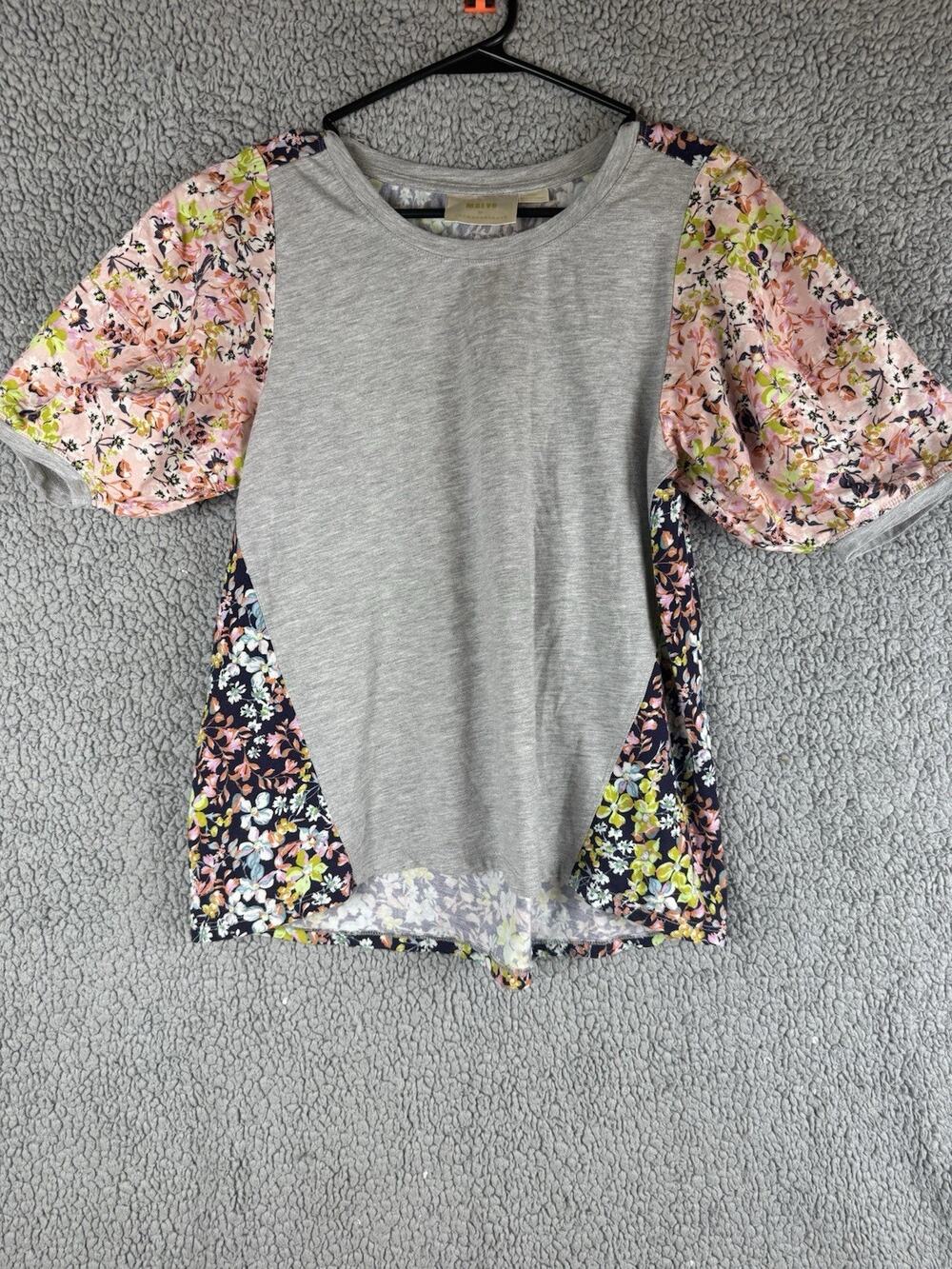 Maeve Anthropologie Suzanne Puff Sleeve Tee Small Gray Floral Mixed Media Top